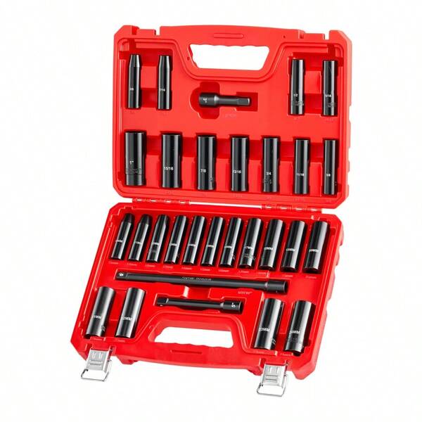 1/2 In Drive Impact Socket Set, 29 Piece, 6 Point Deep Impact Sockets, SAE (3/8 To 1 Inch) And Metric (10 To 24 Mm) Sizes With Extension Bars (3, 5, 10 In), Cr-V Steel, Heavy Duty Carrying Case-XY164637