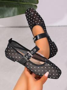 Zapatos Mary Jane de malla con lunares para mujer, primavera/verano, estilo vintage francés, punta cuadrada, correa única, zapatos planos para uso diario - Negro - Ver 2