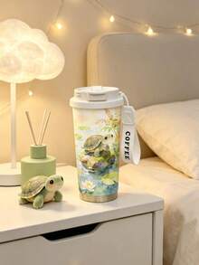 1个/5个 500毫升 水彩龟荷塘印花保温咖啡杯，带翻盖和“COFFEE”提手，304不锈钢防漏旅行杯，冷热饮皆宜，完美的爬行动物爱好者礼物。 - 多色-小烏龜 - 查看 5