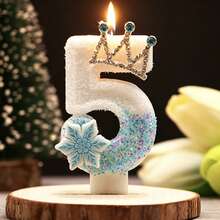 1 pièce Bougie d'anniversaire stylisée en forme de chiffre, décoration de gâteau avec paillettes bleues, flocon de neige et couronne, bougie de décoration de fête d'anniversaire thème princesse - Blanc - Voir 2