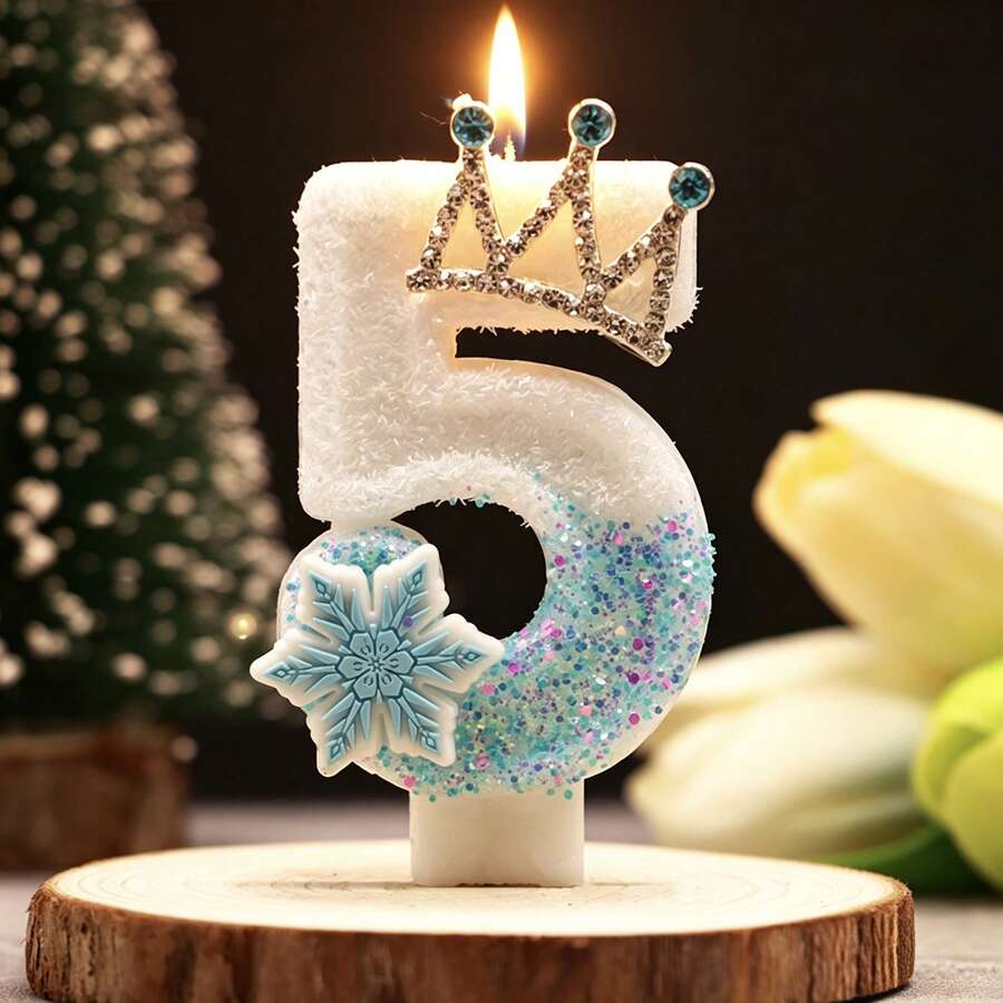 1 pièce Bougie d'anniversaire stylisée en forme de chiffre, décoration de gâteau avec paillettes bleues, flocon de neige et couronne, bougie de décoration de fête d'anniversaire thème princesse
