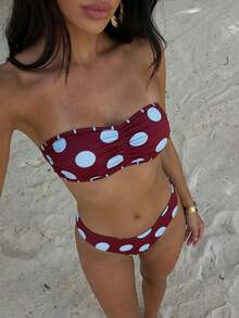 Conjunto de Bikini de Dos Piezas con Top Bandeau a Lunares Rojo Vino y Azul, Traje de Baño Sexy y Elegante para Mujer, Moda de Verano para Playa, Vacaciones y Fiestas - Multicolor - Ver 3