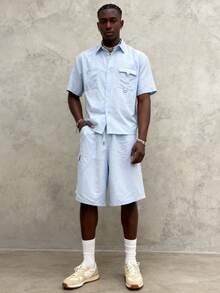 Men's Casual Summer Light Blue Utility Shirt AndBermuda Shorts Set, Fresh Outfit - Baby Blue - View 8