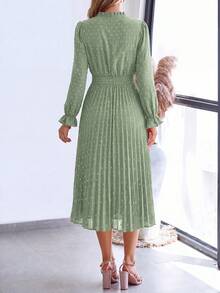 PRETTYGARDEN Women's Spring Fall Midi Dress Casual Long Sleeve V Neck Swiss Dot Pleated A Line Flowy Dresses New Years Party Valentine Vacation Dresses For Women - 淺綠_ - 查看 2