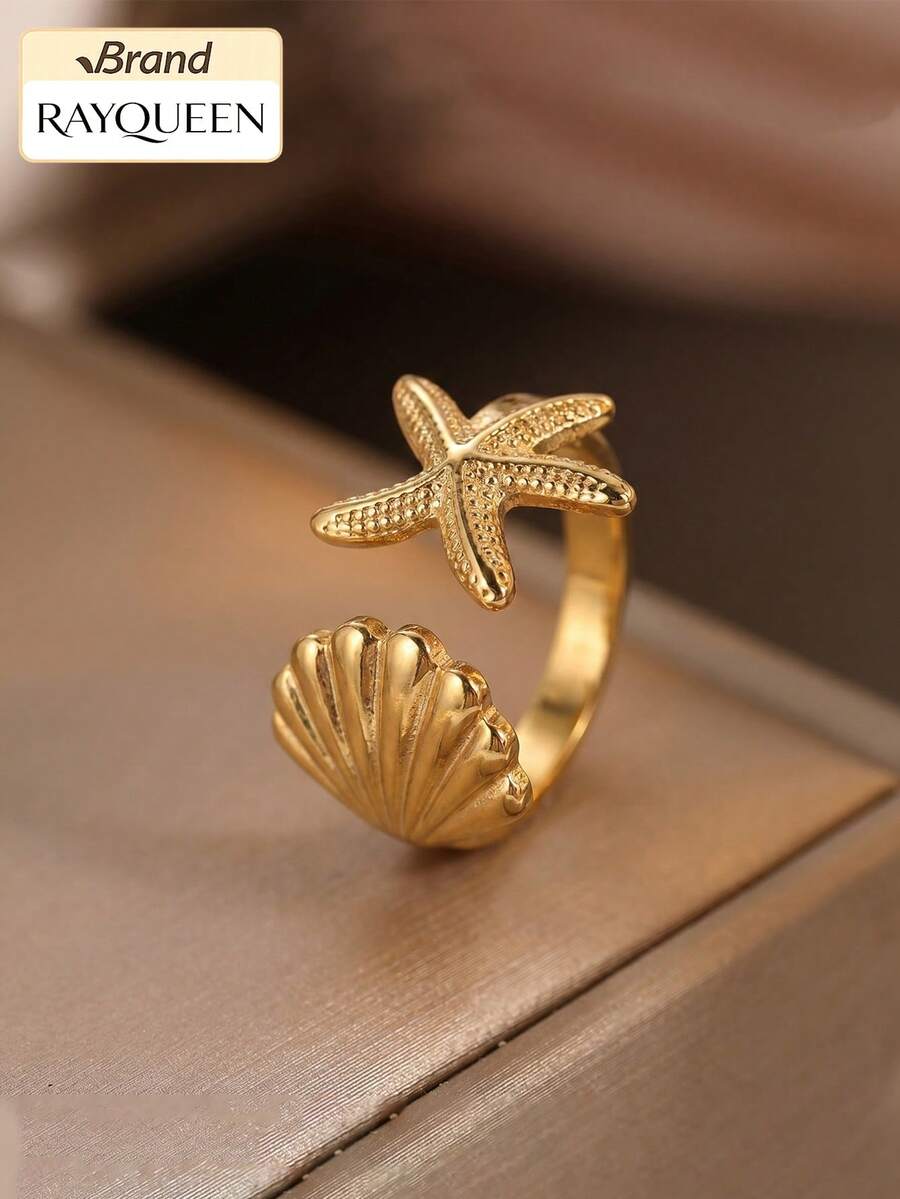RAYQUEEN 1 pieza Anillo de acero inoxidable con estrella de mar y concha para mujer, anillo de banda abierta elegante, versátil, dulce y fresco, adecuado para uso diario - anillo - Ver 1