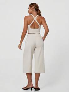 TimeOff Women's One Set Solid Color V-Neck Cropped Tank Top With Side Pockets And Pleated Waist Wide Leg Mid-Length Pants Sports Set - Apricot - View 8