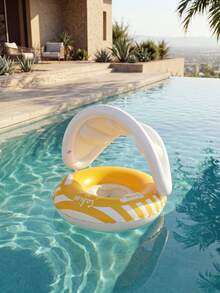 Pink & White Striped Inflatable Baby Swim Ring With Detachable Sun Canopy, Handle Toddler Pool Float, Kids Summer Style - Multicolor - View 8