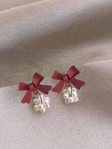 MESTILO 1 Pair Elegant Metal Enamel Blue Bow & Faux Pearl Dangle Earrings, Suitable For Women's Daily Wear, Eid, Mother's Day Gift - Blue - View 8