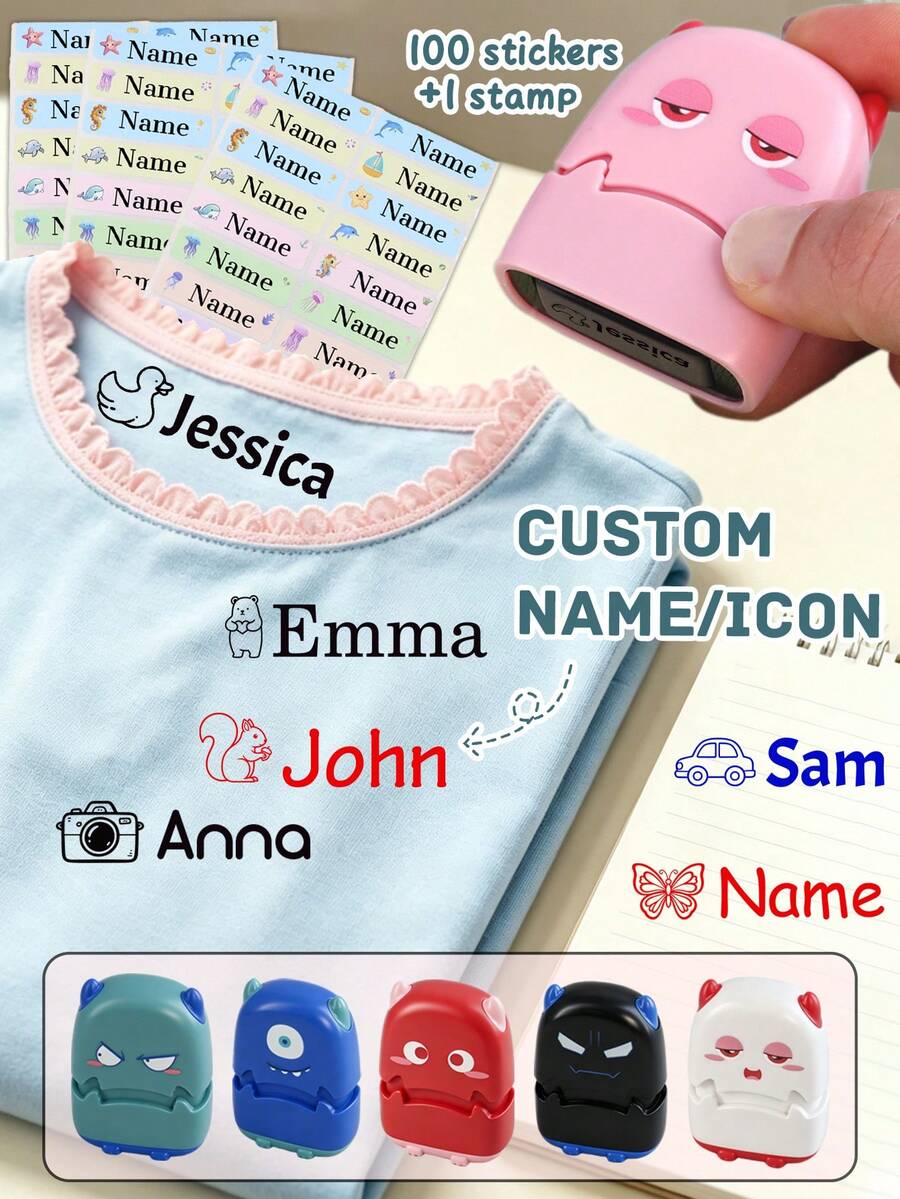 Custom Name Stamp For Clothes, Personalized Clothing Stamp Waterproof, Personalized Cartoon Pattern Signature Stamp, Customized Name Stamp Gift For Season, Customizable Self Inking Name Seal Gift For Birthday Holiday Party - Style B - View 1