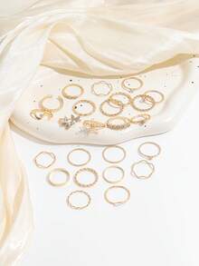 24PCS Minimalist Small Gold-Tone Hoop Rings, Fashion Rhinestone Butterfly & Flower Stackable Rings, INS Style Multi- Stacked Ring Set For Women - Gold - View 2