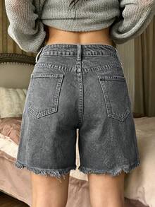 HAPPY GIRL#Versatile Casual Fashion Leg-Lengthening Simple Frayed Hem Student College Style Women's Denim Knee Length Shorts - Grey - View 3