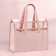 Bolsa de documentos portátil de doble capa transparente, bolsa de almacenamiento impermeable de PVC de gran capacidad, bolso portátil para libros de texto, bolsa de tutoría de color macaron para estudiantes, organizador de archivos de papel para tareas y oficina - W - Ver 5