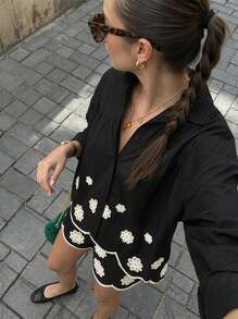 Buzzelle 2pcs Irregular Sunflower Embroidery Set, Summer Vacation Outfit, Black Sheer Embroidered Hem V-Neck Cardigan With Bohemian Style Shorts, Casual - Black - View 1