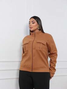 Women's Wool Coat With High Neck, Zipper And Pockets, Casual Winter - 駝色 - 查看 6