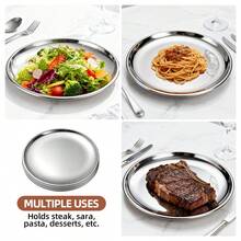 Set Piring Makan Stainless Steel Tahan Lama 1/5/10 Buah, Piring Logam Anti Pecah yang Dapat Digunakan Kembali, Piring Saji yang Dapat Ditumpuk untuk Santapan Sehari-hari, BBQ, dan Aktivitas Luar Ruangan - Perak - View 8