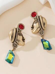 1 par de pendientes colgantes vintage exóticos con retrato de hombre francés antiguo, oro antiguo desgastado con color block de strass rojo, gotas de oreja facetadas iridiscentes, pendientes de botón artísticos exagerados de nicho únicos - Multicolor - Ver 7