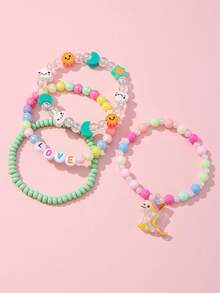 4pcs/Set Girls Cute Unicorn Pendant Bracelet Set, Suitable For School, Daily Wear And Festivals, Random Colorful Beads - Multicolor - View 4