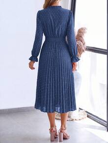 PRETTYGARDEN Women's Spring Fall Midi Dress Casual Long Sleeve V Neck Swiss Dot Pleated A Line Flowy Dresses New Years Party Valentine Vacation Dresses For Women - 灰藍色 - 查看 2