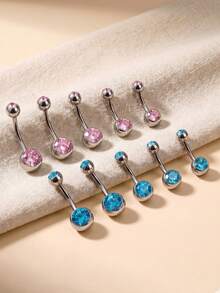1pc Titanium Alloy Pink And Blue Cubic Zirconia Women's Belly Ring, 14G Short Belly Piercing Jewelry, Internal Threaded Belly Ring 6/8/10/12/14/16mm - Silver - View 1