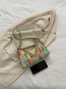 時尚三角幾何多色壓克力裝飾鏈新月形女用多功能手提包托特包度假包沙灘包休閒法棍包手機包 - 綠色 - 查看 5