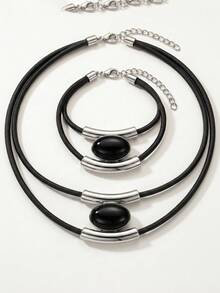 2 Sets Black & Gold Leather Jewelry Set, Modern Minimalist Style, Black Leather Cord + Gold Curved Metal + Black Oval Decorative Piece, Suitable For Daily Commute Or Casual Wear For Fashionable Women - Silver - View 2