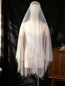 Double Layer Faux Crystal Bead Chain Design Bridal Veil, Can Cover Face, Wedding Dress Accessory, Comes With Hair Comb - Multicolor - View 7