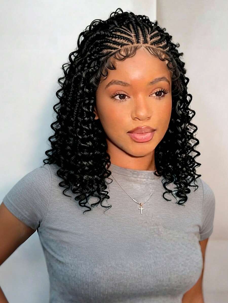 A ANYTIME Women's 13*6 HD Lace Front Wig, Pre-Braided Curly Hair With Handmade Cornrows, Natural Baby Hair, 16 Inch - Black - View 1