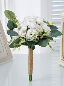 Bridal & Bridesmaid Wedding Bouquet, White & Champagne Artificial Roses, Wedding Church Home Decor, Bridal & Bridesmaid Wedding Ceremony Decoration - Multicolor a - View 7