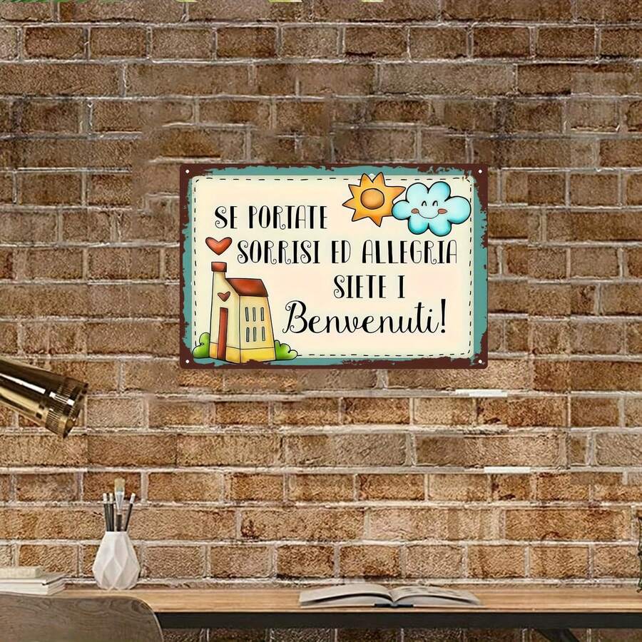 2D Flat, 1pc Vintage Italian Welcome Metal Wall Sign - 8.0X12.0inch Rustic Iron House Decor With Smiling Sun & Hearts, Indoor/Outdoor Durable Decoration For Home, Office, Bar, Garden - Easy Installation, No Electricity Needed, Housewarming Gift