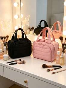 Nueva bolsa de maquillaje de viaje vertical, diseño de gran capacidad y de múltiples capas con asa, organizador portátil de artículos de tocador para mujeres - Negro y rosa (paquete de 2) - Ver 2