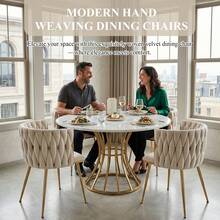 Modern Velvet Dining Chairs Set Of 2 Hand Weaving Accent Chairs Living Room Chairs Upholstered Side Chair With Golden Metal Legs For Dining Room Kitchen Vanity Living Room - Beige - View 4