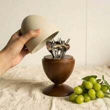 1pc Wooden Egg-Shaped Vintage Style Fruit Fork & Spoon Storage Jar With Ceramic Dust-Proof Lid, Creative High-Value Home Fruit Skewer Holder, Premium Restaurant Tableware Organizer, Coffee Table Desktop Decor - View 9