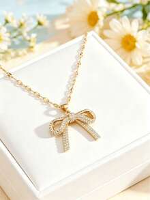 1 Set Stainless Steel Chain Zirconia Bow Pendant Fashion Necklace & Earrings Jewelry, Gift Accessory - Style a - One Size - View 2