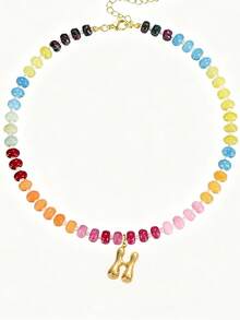1pc Bohemian Style Colorful Beaded Gemstone Necklace, Bubble Letter Pendant Necklace, Natural Gemstone, Handmade Jewelry Gift - Multicolor - View 10