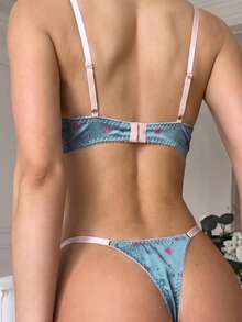 Women's Satin Floral Print Bra And Thong Set, Lace Trim 2-Piece Lingerie Set - Dusty Blue - View 5