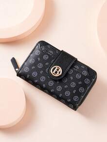New Lychee Grain Letter Wallet, Large Capacity, Multiple Card Slots, Short Medium Size Wallet, Thickened Durable Clutch, Vintage Coin Purse, Women's Zippered Wallet, Multiple Compartments, Card Holder, Small Wallet - Black - View 7