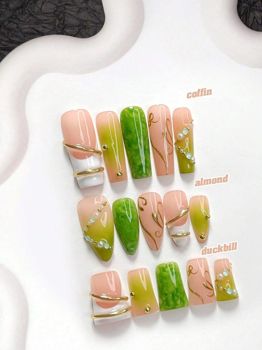 10pcs Exquisite Elegant Handmade Press-On Nails, Polygel Nail Set, Blue Bubble Bead Decor, Hand-Painted Gold Glitter Accents, Green Nail Polish, Fresh Style, Includes Nail Tools, 3 Sizes Available, Almond, Duck, Coffin Shape, Suitable For Party, Dancing, Daily Wear - 彩色 - 查看 1