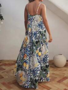 Vestido largo de tirantes con estampado mediterráneo, estilo vacacional - Azul - Ver 2