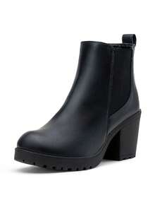 Women's Chunky Low Heel Chelsea Ankle Booties, Fashion Platform Fall Boots With Side Elastic Panels - 黑色 - 查看 4
