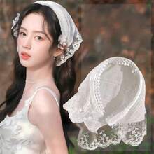 2/1 新款時尚蕾絲三角頭巾髮帶，女款鄉村風白色蕾絲頭飾，法式包頭方巾 - 均碼 - 查看 12