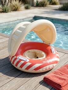 Pink & White Striped Inflatable Baby Swim Ring With Detachable Sun Canopy, Handle Toddler Pool Float, Kids Summer Style - Multicolor - View 4