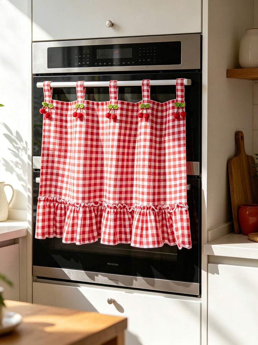 1PC Cute Korean-Style Red Cherry-Two-Color Checkered Patterned Short Curtains,Skirt Small Curtains For Door,Window,Kitchen Cabinet, Oven Partition,Home Drape Decor