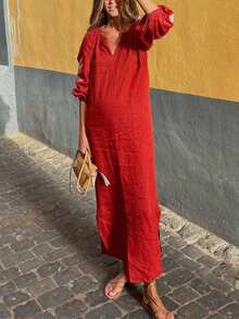 New Elegant V-Neck Lantern Sleeve Loose Dress With Embroidery, Suitable For Beach, Vacation, Home, Formal Events, Back To School, Party Red - Red - View 3