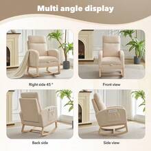 Rocking Chair With Foot Rest, Modern Teddy Glider Rocking Chair With Wood Legs And Side Pocket - Beige - View 4