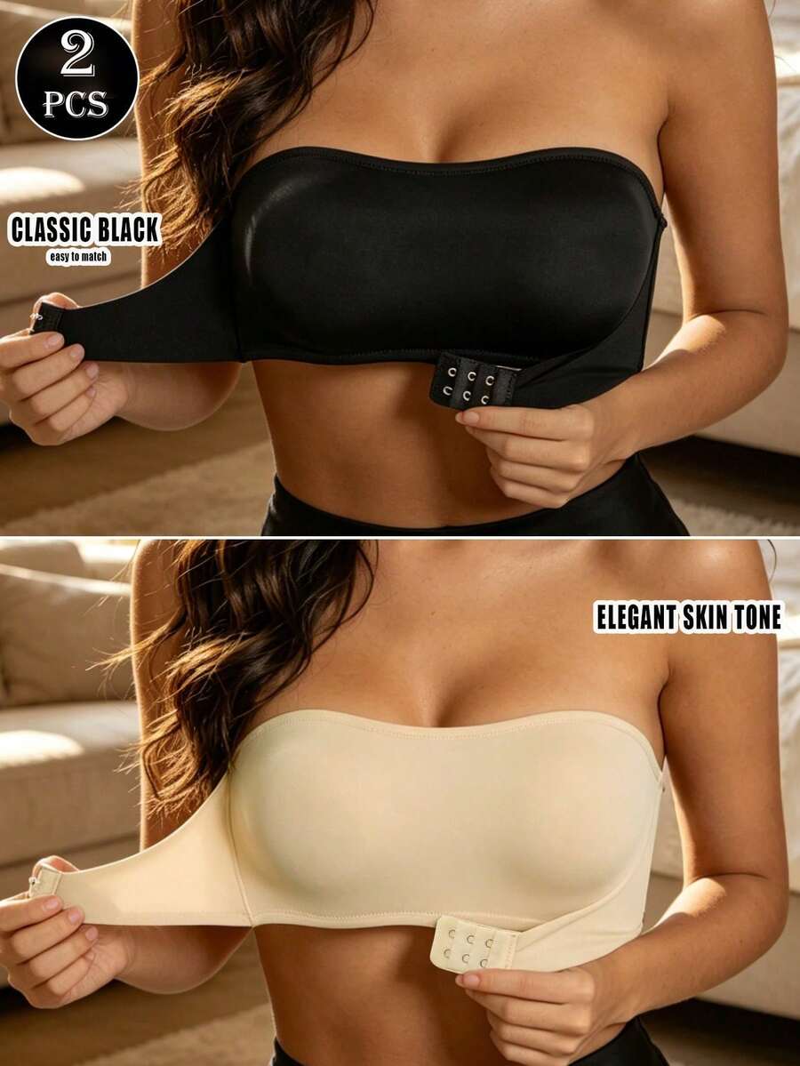 2pcs Women Strapless Bra Seamless Front Closure Bandeau Tank Top Wire-Free Anti-Slip Sexy Short Half Cup Invisible One-Piece Underwear - Multicolor - View 1