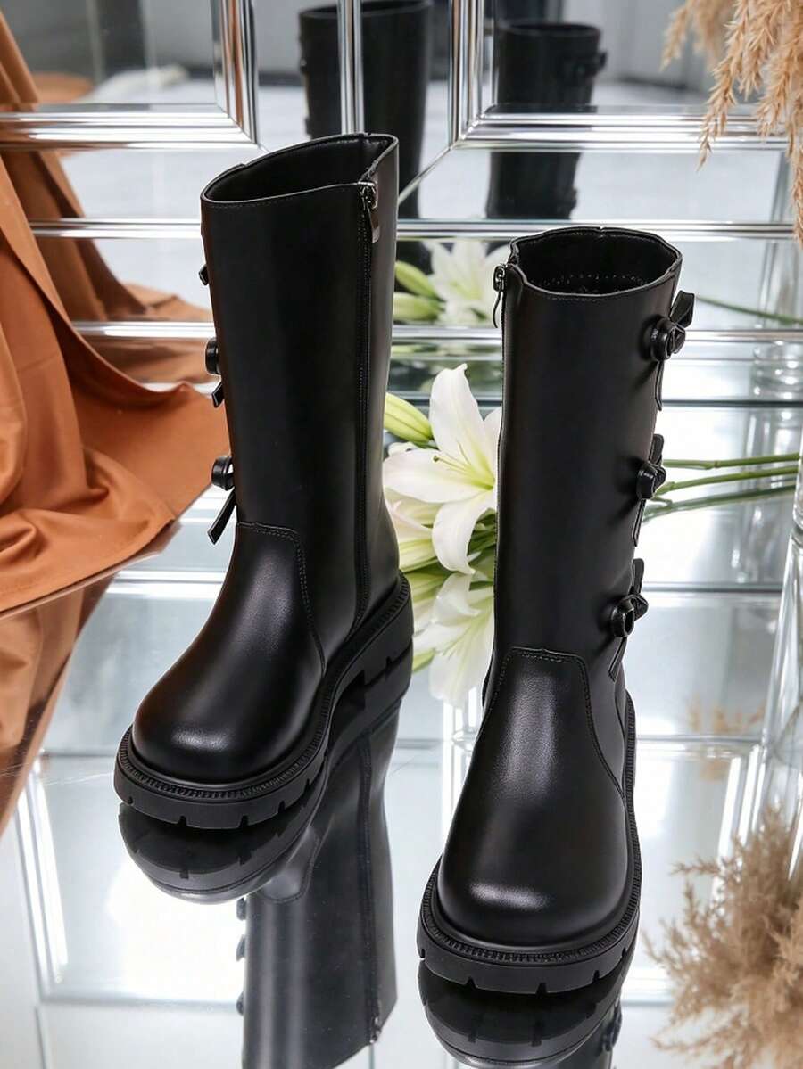 1 Pasang Sepatu Bot Tinggi Anak Perempuan, Dekorasi Pita PU, Ujung Bulat, Sol Tebal, Menambah Tinggi Badan, Desain Resleting Dalam, Gaya Putri yang Modis dan Imut, Cocok untuk Pemakaian Sehari-hari, Sekolah, Liburan, Ulang Tahun, Musim Gugur/Musim Dingin.