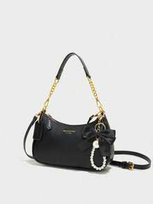 Bolso de hombro de mujer de PU negro de moda, bolso de mano con forma de media luna con correa de hombro ajustable y asa superior, decorado con patrón de mantequilla negra - Negro - Ver 3