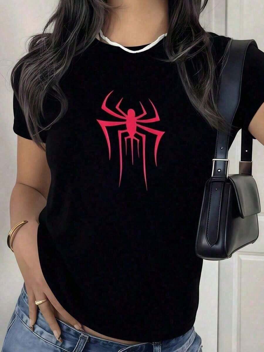 Women's Short Sleeve T-Shirt, Fitted Red Spider Graphic Y2K Style Gothic Superhero Comic, Black Casual Short Sleeve 100% Cotton - 黑色 - 查看 1