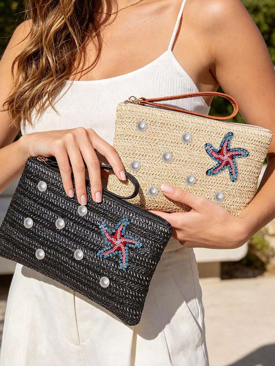 Beach Straw Woven Makeup Bag, Rhinestone Starfish And Pearl Decor, Women's Clutch, Summer Vacation Zipper Coin Purse, Bohemian Style Wrist Bag, Portable Makeup Bag, Woven Wrist Bag, Tropical Style Bag, Suitable For Travel, Beach Vacation, Outings, School, Daily Use, Unique Birthday Gift, Holiday Gift, Party Gift, Vacation Gift, Back To School Gift, Teacher Gift - Multicolor - View 1