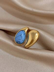 Juego de Anillos Ovalados con Flores Secas Serie Azul, Anillo de Acero Inoxidable Dorado para Mujer, Joyería para Uso Diario, Fiesta, Vacaciones, Cumpleaños y Viajes - Multicolor - Ver 11